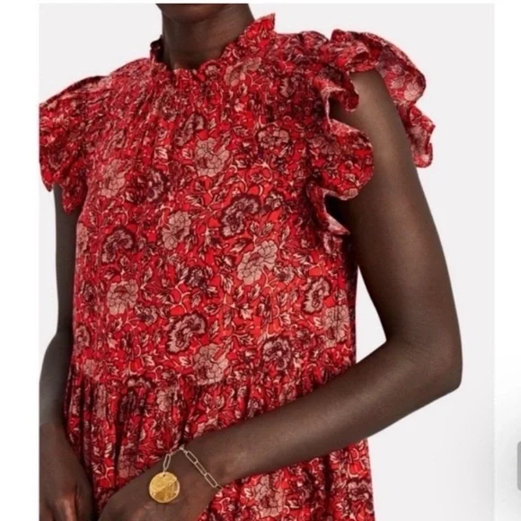 Ulla Johnson / Hana floral high neck ruffle Dress in red poppy mini 0 - Picture 3 of 10
